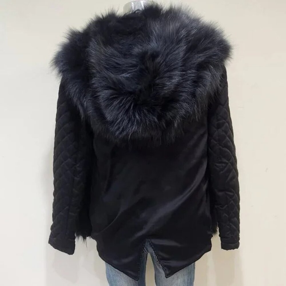 💥STUNNING!💥SAM. VTG 100% SILVER FOX FUR HOOD/PARTiAL LINING/TRIM BLACK PARKA - Picture 11 of 16